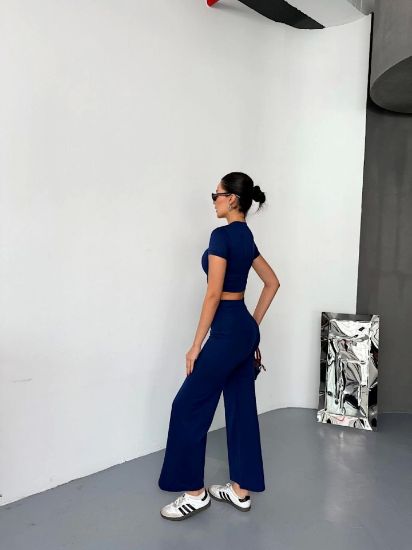 Osy Modal Yumuşak Dokulu Kumaş Kısa Kollu Crop Alt Ispanyol Paça Pantalon Ikili Takım - Lacivert resmi